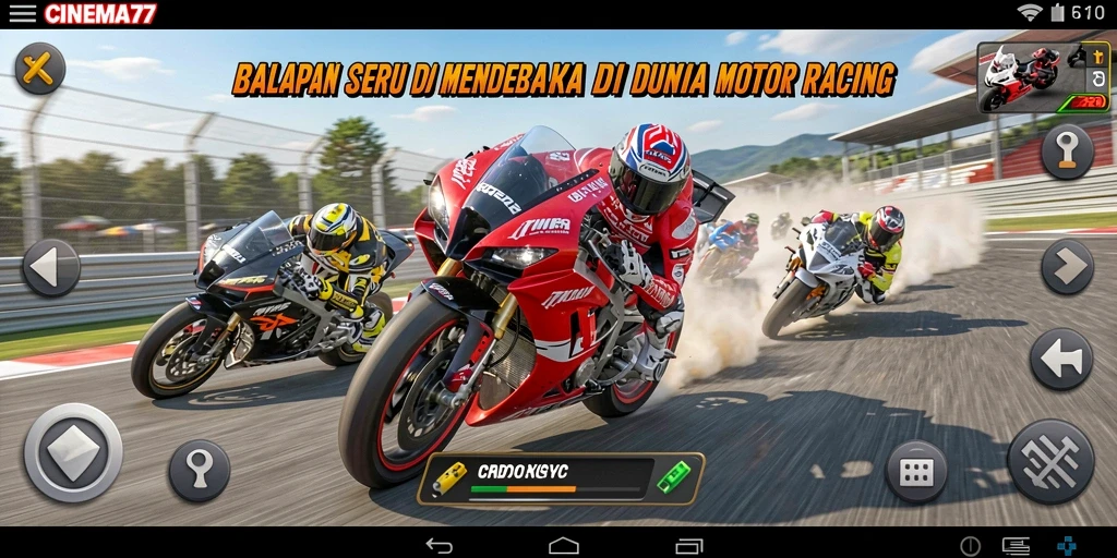 Tampilan gameplay mendebarkan dari balapan motor dalam CINEMA77.