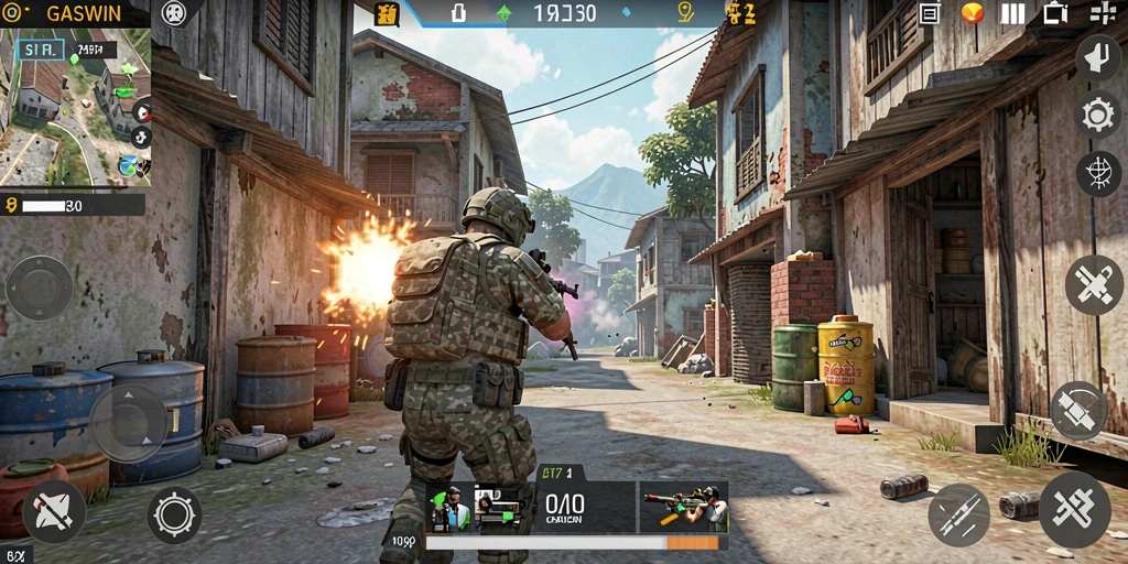Screenshot gameplay GASWIN menunjukkan aksi tembak-menembak yang intens.
