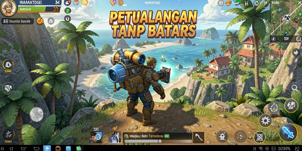 Screenshot gameplay IRAMATOGEL menampilkan pemandangan indah dunia terbuka.