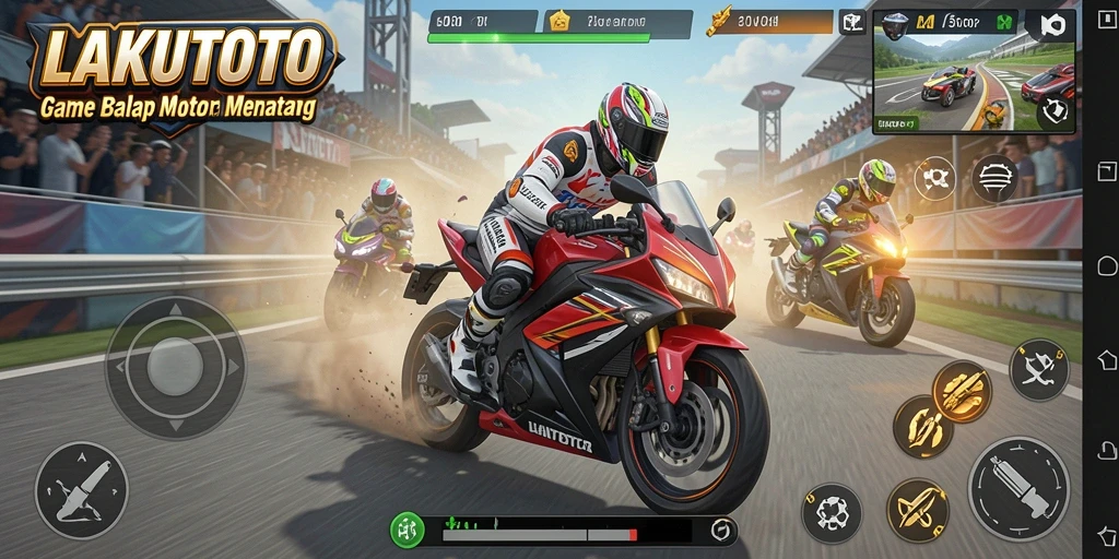 Screenshot gameplay LAKUTOTO menampilkan balapan motor yang seru dan menegangkan.