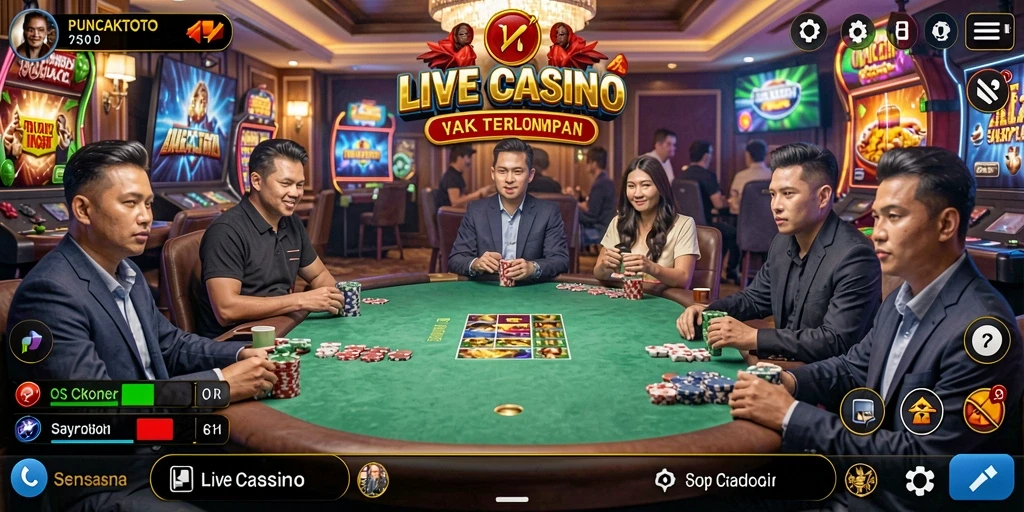 Screenshot gameplay PUNCAKTOTO dengan dealer langsung dan permainan kasino yang mendebarkan.