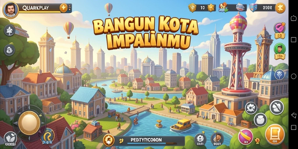 Tangkapan layar utama QUARKPLAY menampilkan gameplay membangun kota Tycoon.