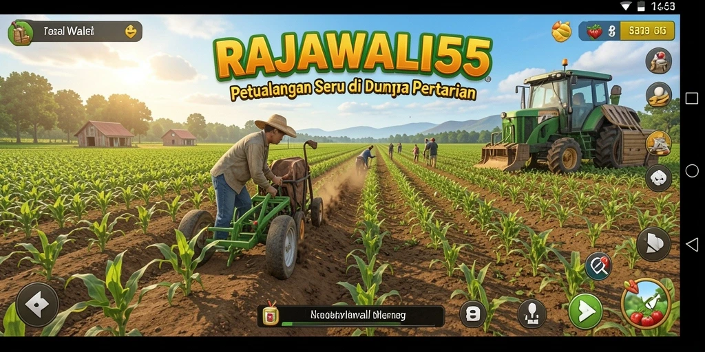 Tampilan gameplay seru di RAJAWALI55 dengan aktivitas bertani yang memikat.